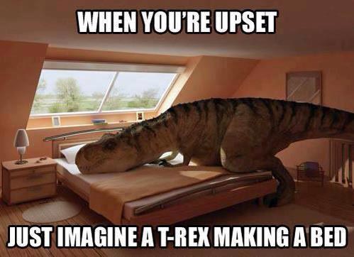 Image of a t-rex unsuccessfully attempting to put fitted sheet on a large bed using his very short arms